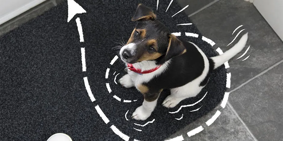 Cachorro viendo a su tutor. Para educar a un perro para ir al baño debes entender sus señales.